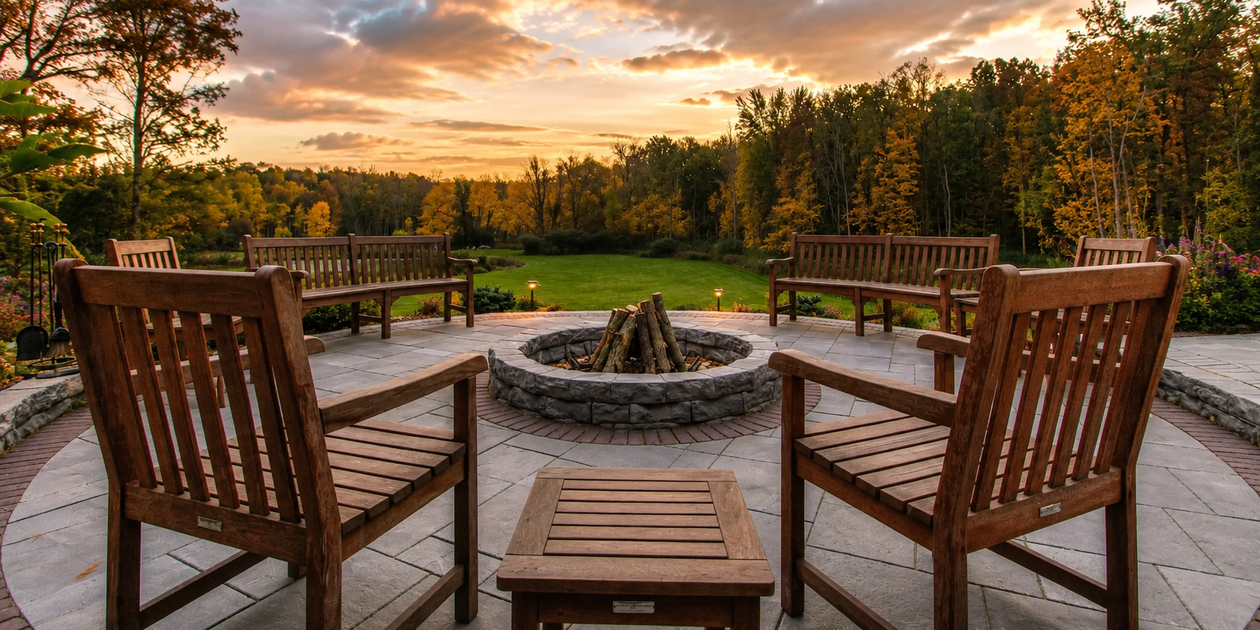 Stamped concrete fire-pit patio at sunset by CG Concrete in Watertown, WI